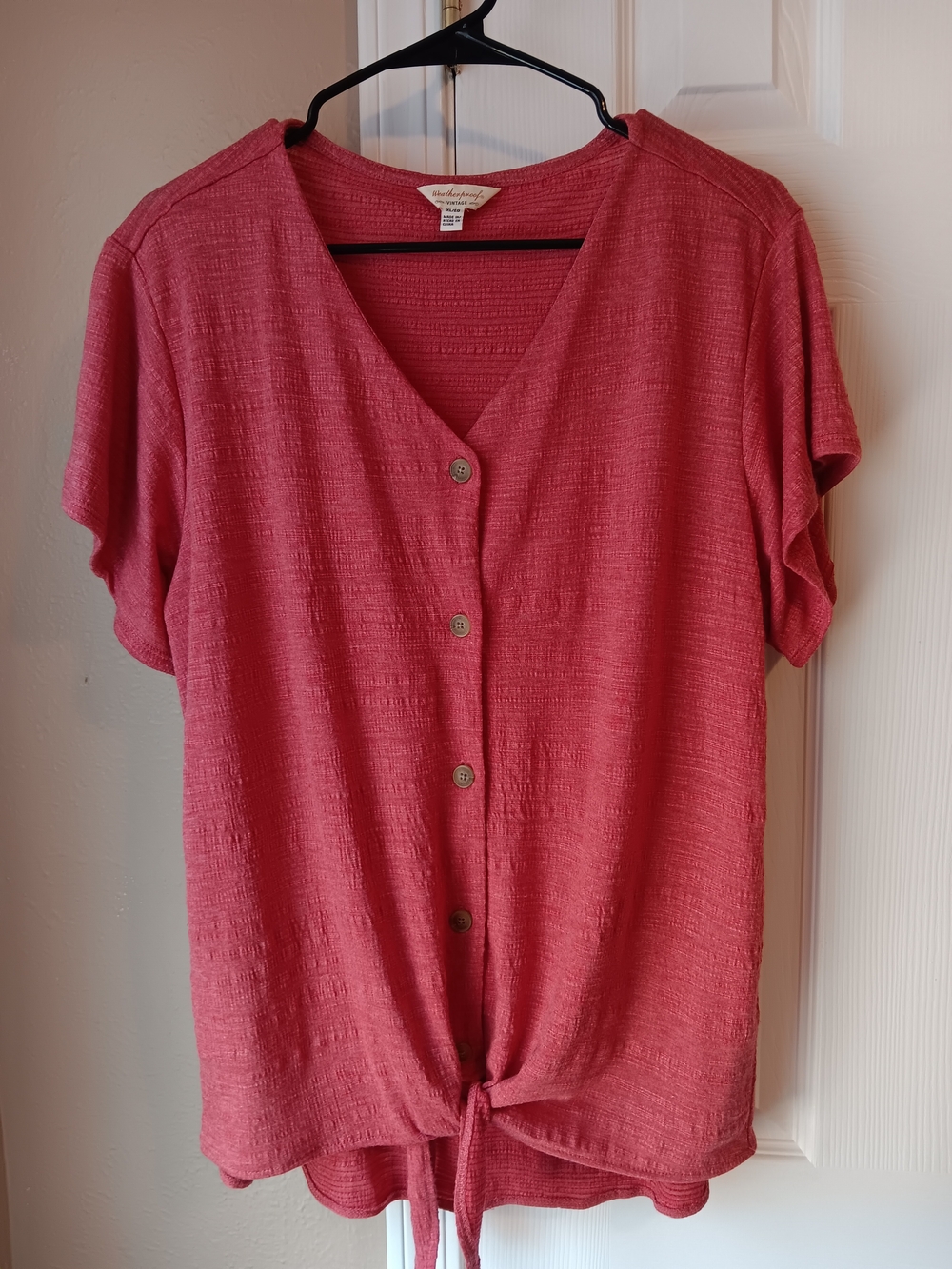Weatherproof Vintage Rose/coral Button-Front Tie-Hem Short Sleeve Top